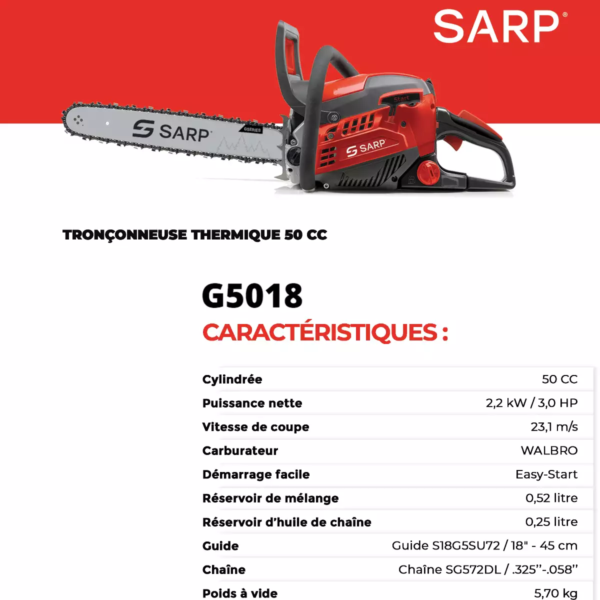 G5018 Tronçonneuse thermique – 50.9 cc